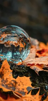 Glass sphere reflecting autumn leaves in vibrant orange hues.