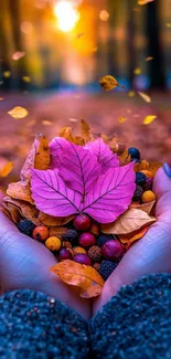 Hands holding vibrant autumn leaves and berries.
