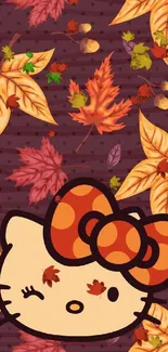 Autumn-themed winking cartoon character with colorful leaves background.