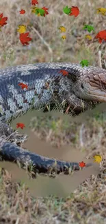 Lizard resting among colorful autumn leaves in a natural setting.