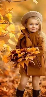 Little girl with autumn leaves in golden brown scenery.