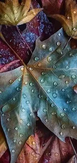 Close-up of autumn leaves with water droplets on a mobile-friendly wallpaper.