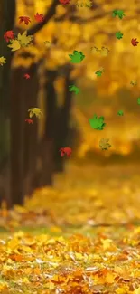 Autumn forest path with falling yellow and green leaves.