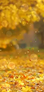 Golden autumn leaves with bokeh effect, perfect for mobile wallpaper.