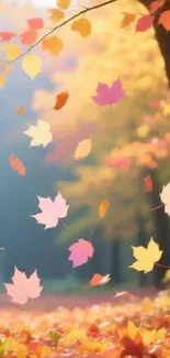 Vibrant autumn leaves falling in a forest.