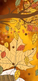 Autumn-themed vibrant wallpaper with colorful falling leaves and tree branches.