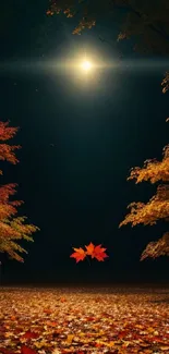 Nighttime scene with glowing moon and autumn leaves.