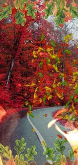 Vibrant autumn forest path with red leaves and a curved road.