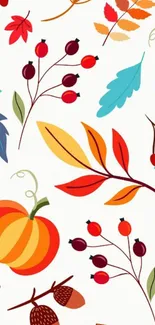 Vibrant autumn-themed wallpaper with leaves and pumpkins.