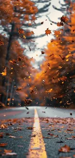 Autumn leaves falling on a scenic road amid vibrant orange trees.