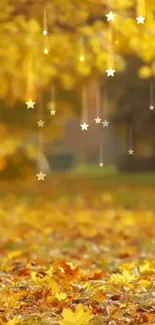 Golden autumn scenery with falling stars and leaves.