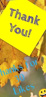 Bright yellow autumn leaves with thank you text and emojis.