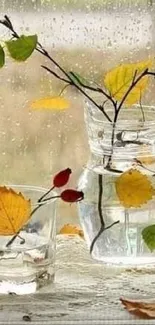 Autumn leaves and vase by a rainy window for mobile wallpaper.