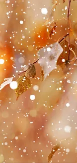 Autumn leaves with gentle snowflakes, creating a serene and seasonal mobile wallpaper.