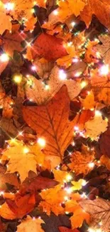 Mobile wallpaper of autumn leaves with sparkling lights in warm colors.