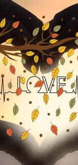 Heart-shaped design with autumn leaves and love text on mobile wallpaper.