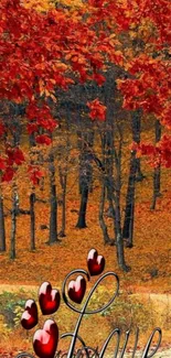 Autumn forest view with red leaves and love hearts.