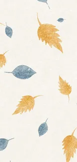 Minimalist wallpaper with blue and orange leaves on a beige background.