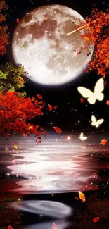 Autumn foliage with moon and butterflies reflecting in water.