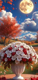 Autumn landscape with flowers under full moon.