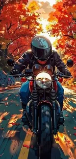 Motorcyclist rides through vibrant autumn forest with colorful leaves.