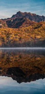 Autumn mountain reflected in a serene lake.