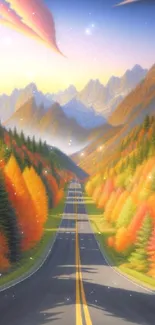 Vibrant autumn mountain road with colorful foliage.