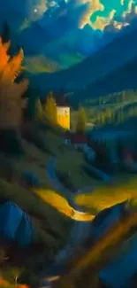 Idyllic autumn mountain village scene with vibrant colors.
