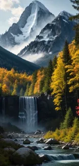 Autumn forest and waterfall with mountain view, perfect for a nature wallpaper.