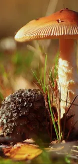 Mushroom in an autumn forest setting with fall leaves.