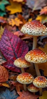 Cluster of mushrooms among autumn leaves.