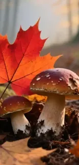 Autumn scene with mushrooms and colorful leaves.