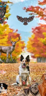 Autumn scene with dogs, deer, and colorful owls on a leaf-strewn path.