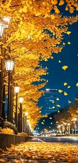 Autumn night scene with streetlights and yellow leaves.