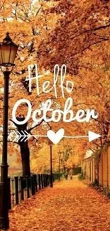 October themed wallpaper with autumn leaves and 'Hello October' text.