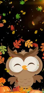 Cute owl with autumn leaves and pumpkins under a moonlit sky.