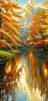 Autumn palace with glowing reflection on a serene water surface.