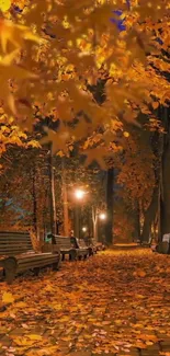 Serene autumn park pathway with orange leaves.