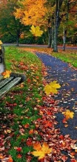 Scenic autumn path with vibrant falling leaves.