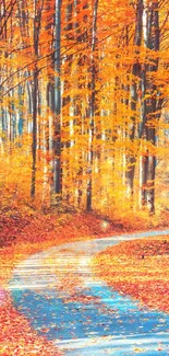 Autumn forest path with vibrant orange leaves.