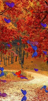 Path lined with red-orange autumn leaves and blue butterflies fluttering.