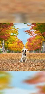 Dog resting on a leaf-covered autumn path with colorful foliage.