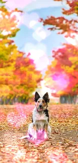 Dog sitting on leafy autumn path.