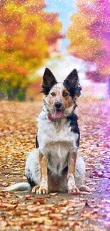 Dog sitting on a vibrant autumn leaf-covered path.