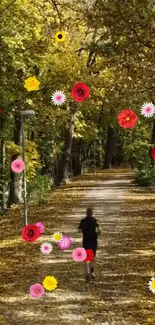 Autumn path with floating colorful flowers and fallen leaves.