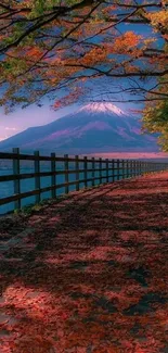 Autumn path with mountain and vibrant leaves on a peaceful trail.