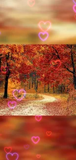 Autumn forest path with neon heart overlays.