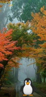 Autumn forest path with vibrant leaves and a playful penguin in the center.