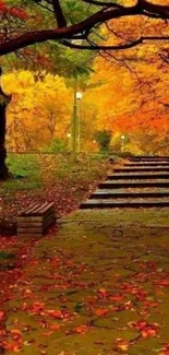 A serene autumn pathway with vibrant fall leaves and park steps.