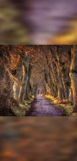 A tranquil autumn pathway lined with golden brown trees, perfect for mobile wallpaper.